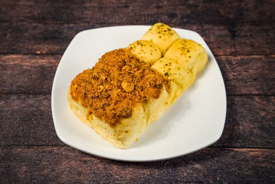 High angle view of breakfast served on table