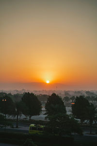 Silhouette trees on field against orange sky