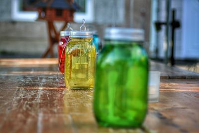 Close-up of drink in jar on table