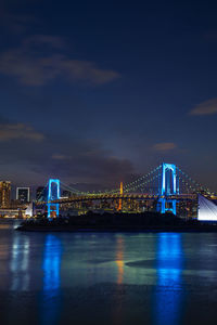 Illuminated city by river against sky at night