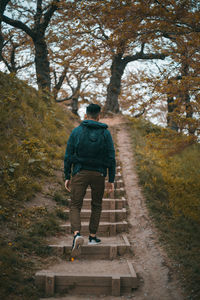 Rear view of man walking on road in autumn