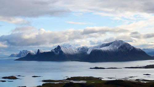 Aerial scenic view of landscape, sea and countryside in moskenesoy lofoten norway