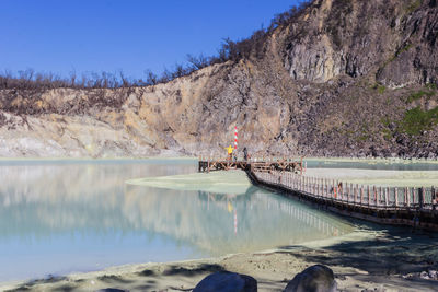 Scenic view of lake against clear blue sky