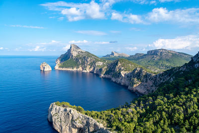 Scenic view of sea and mountains against sky