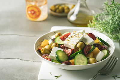 High angle view of food in plate on table