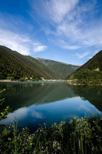 Scenic view of lake and mountains against sky