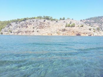 Scenic view of sea against clear blue sky