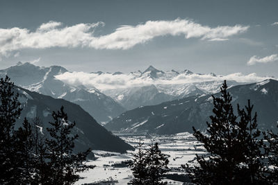 Scenic view of snowcapped mountains against sky