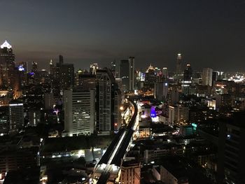 High angle view of cityscape against sky at night