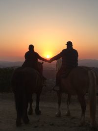 Rear view of silhouette man riding horse