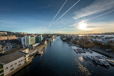 High angle view of cityscape against sky during sunset