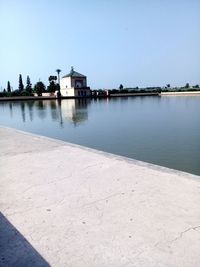 Scenic view of lake by building against clear sky