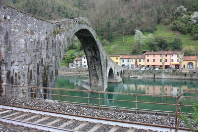 Arch bridge over river by railroad tracks
