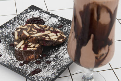 High angle view of dessert in plate on table