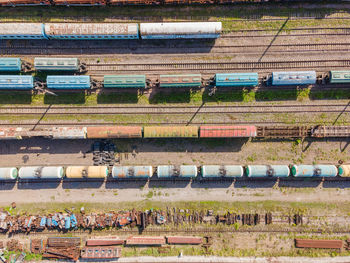 High angle view of train at railroad tracks