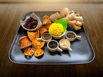 High angle view of food in plate on table