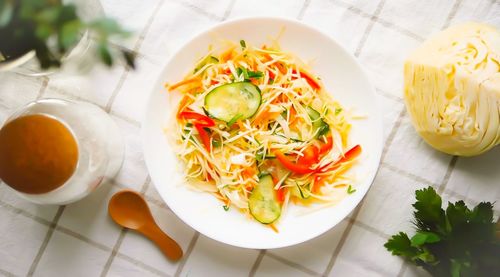 High angle view of meal served on table