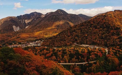 Scenic view of mountains against sky during autumn