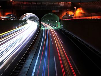 Light trails on road at night