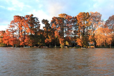 Scenic view of lake by trees against sky during autumn