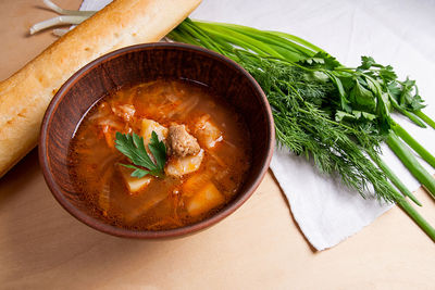 High angle view of soup in bowl on table