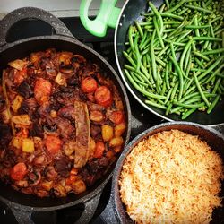 High angle view of food in pan