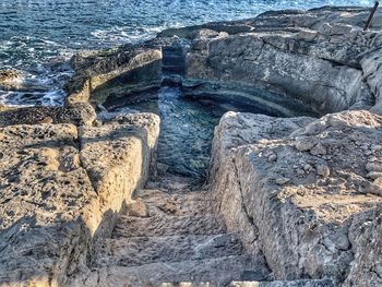 High angle view of rock formations at sea shore