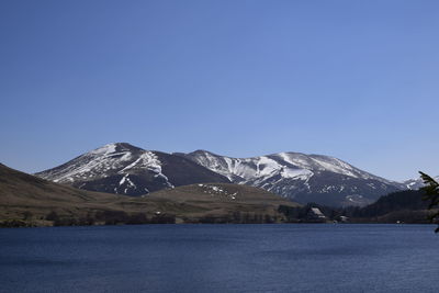 Scenic view of snowcapped mountains against clear blue sky