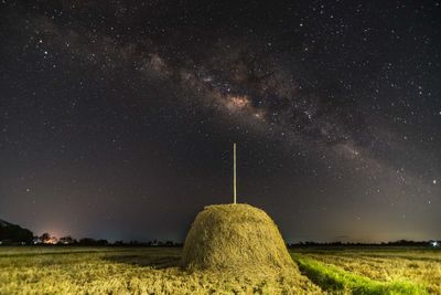 Scenic view of grassy field against sky at night