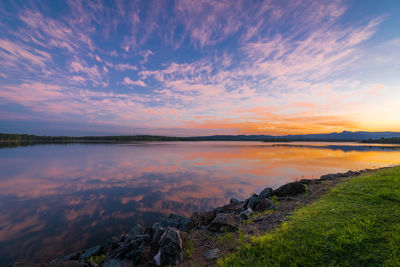 Scenic view of lake against sky during sunset