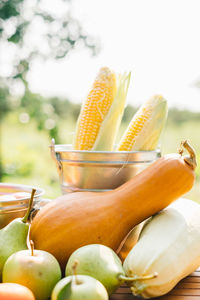 Close-up of fruits and vegetables on table outdoors