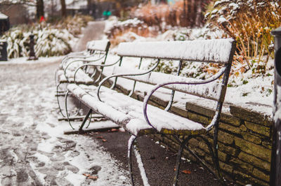 Close-up of empty playground in park during winter