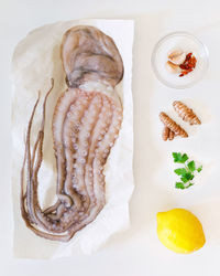 Directly above shot of octopus and ingredients on table 