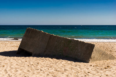 Scenic view of beach against clear blue sky