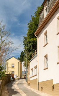 Houses by street in town against sky