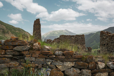 Ancient ruined medieval tower in high mountains . north ossetia alania , russia