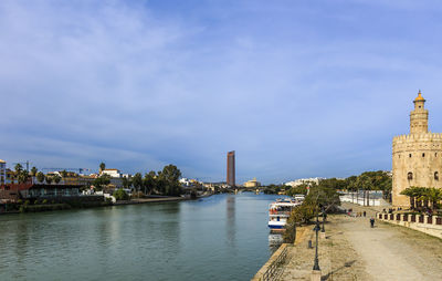 River amidst buildings in city against sky