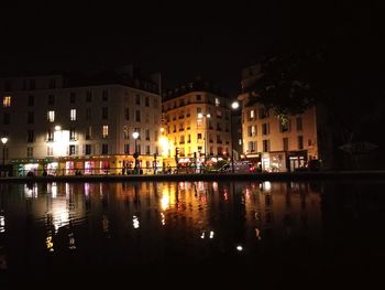 Reflection of illuminated buildings in canal at night