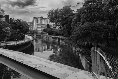 Bridge over canal by buildings against sky