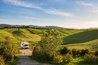 Scenic view of agricultural field against sky