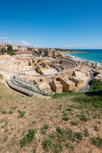 Scenic view of beach against clear blue sky