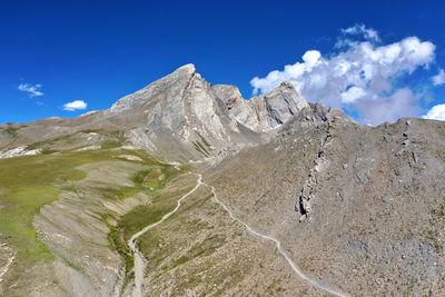 Scenic view of mountain range against sky with trekking path