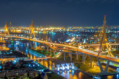 High angle view of illuminated city at night