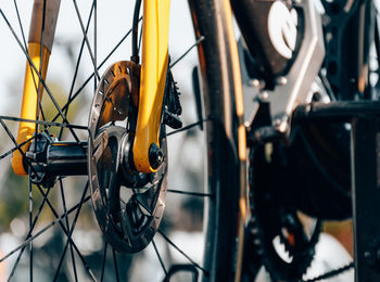 Close-up photo of front brake rotor or disc on professional racing bicycle.