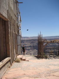 Rear view of man on land against clear sky