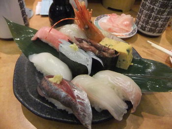 High angle view of fish in plate on table