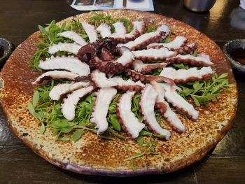 High angle view of sea food served on table