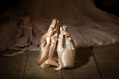 High angle view of shoes on bed