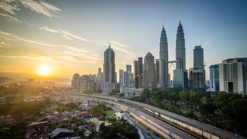 City skyline at sunset