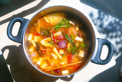 High angle view of soup in bowl